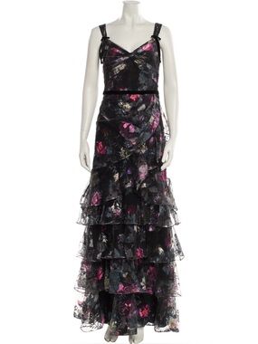 NEW Marchesa Notte Floral Black Tiered Ruffle Evening Gown NWT Size 6